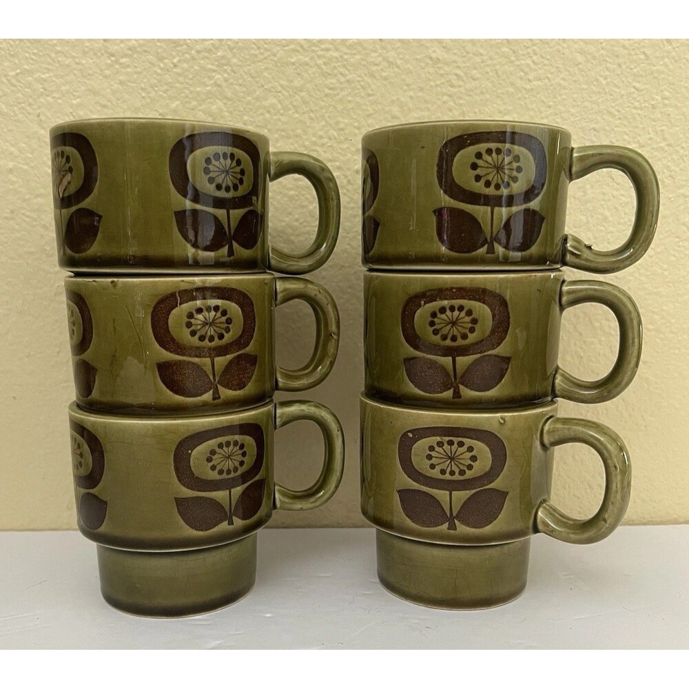 Vtg Retro Stackable Avocado Green Floral Ceramic Mugs Lot of 6 Japan READ - Picture 3 of 9